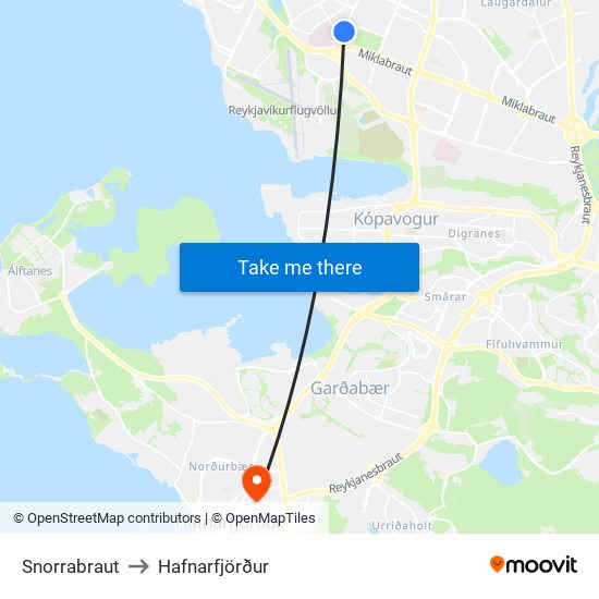 Snorrabraut to Hafnarfjörður map