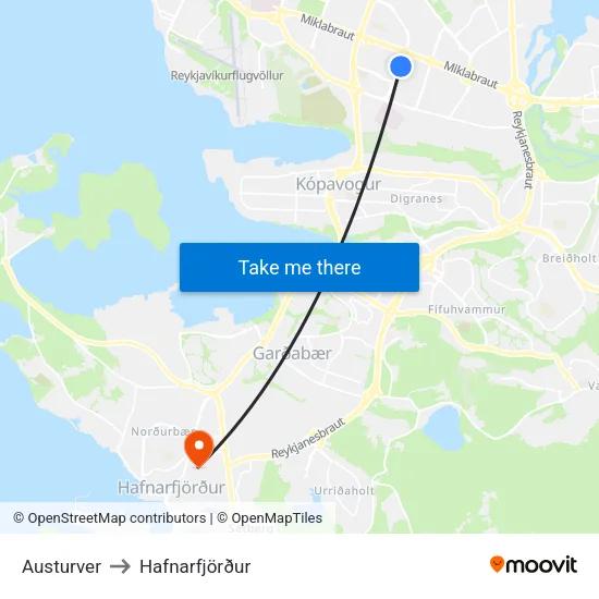 Austurver to Hafnarfjörður map