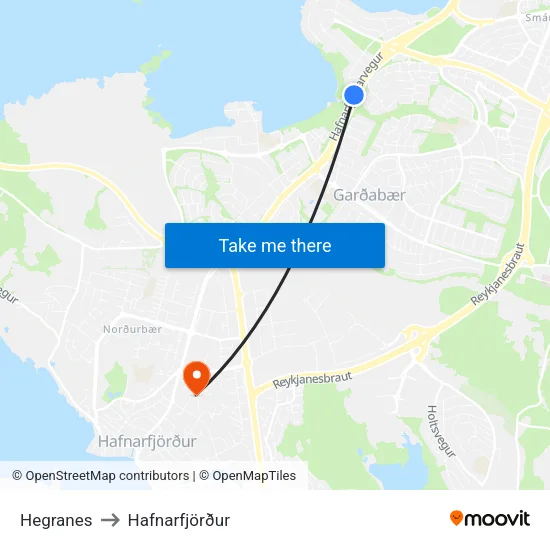 Hegranes to Hafnarfjörður map