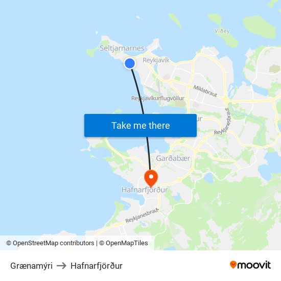 Grænamýri to Hafnarfjörður map