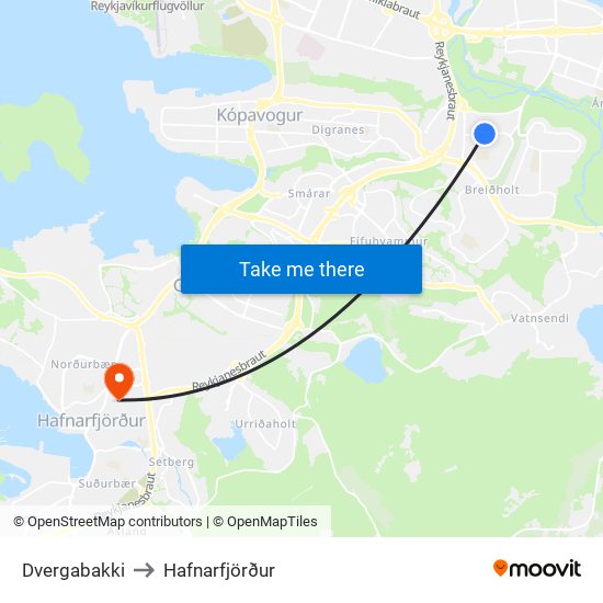 Dvergabakki to Hafnarfjörður map