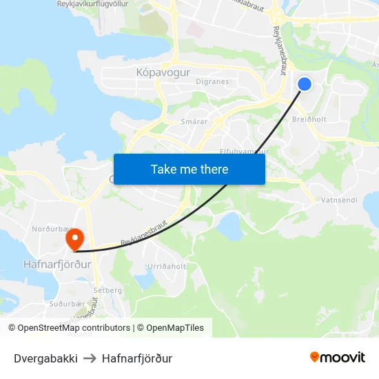 Dvergabakki to Hafnarfjörður map