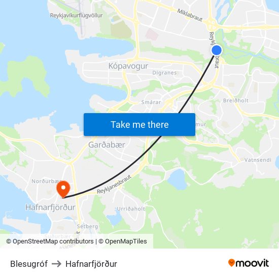 Blesugróf to Hafnarfjörður map
