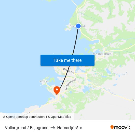 Vallargrund / Esjugrund to Hafnarfjörður map