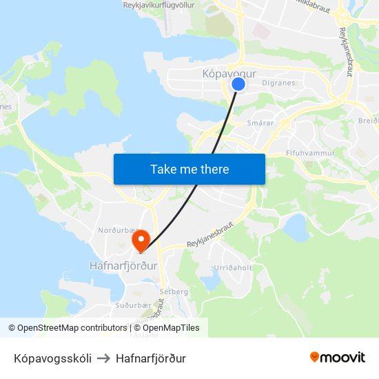 Kópavogsskóli to Hafnarfjörður map