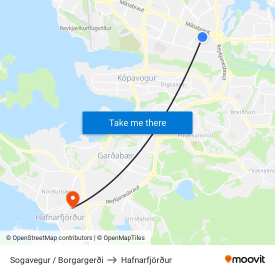 Sogavegur / Borgargerði to Hafnarfjörður map