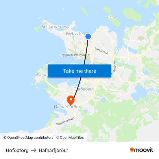 Höfðatorg to Hafnarfjörður map