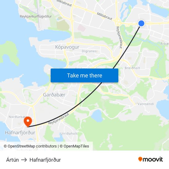 Ártún to Hafnarfjörður map