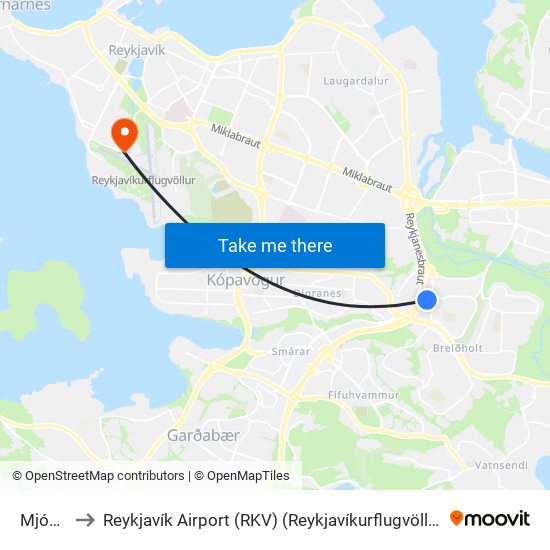 Mjódd to Reykjavík Airport (RKV) (Reykjavíkurflugvöllur) map