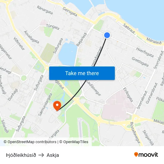 Þjóðleikhúsið to Askja map