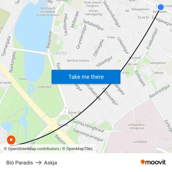 Bíó Paradís to Askja map