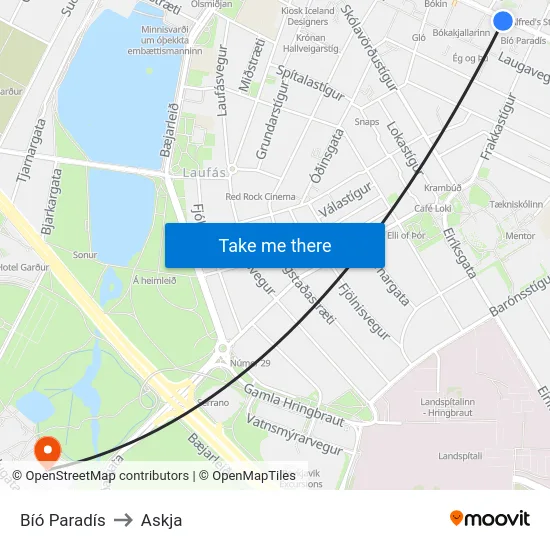 Bíó Paradís to Askja map