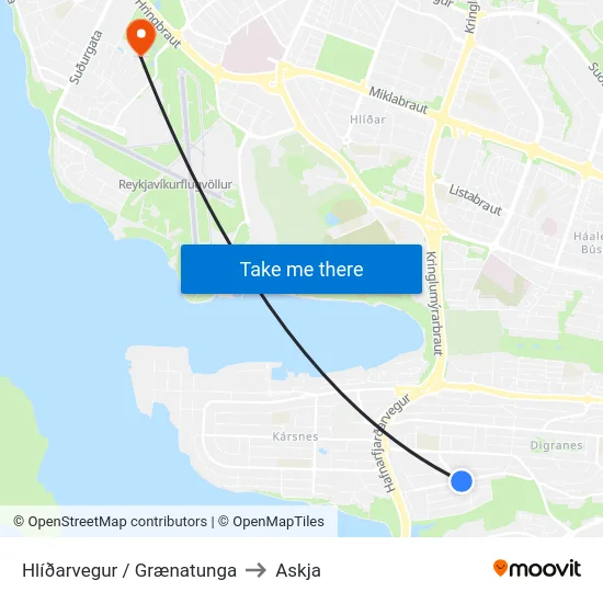 Hlíðarvegur / Grænatunga to Askja map
