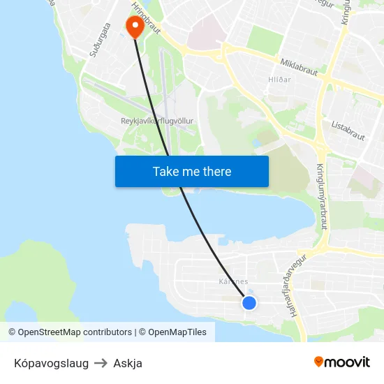 Kópavogslaug to Askja map