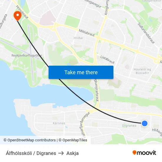 Álfhólsskóli / Digranes to Askja map
