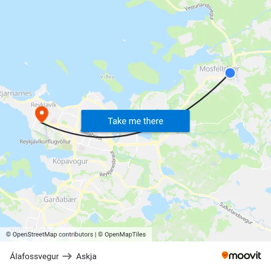 Álafossvegur to Askja map