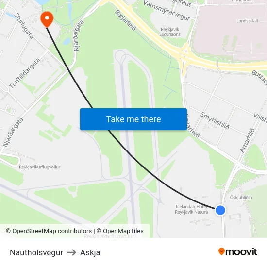 Nauthólsvegur to Askja map