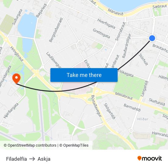 Fíladelfía to Askja map