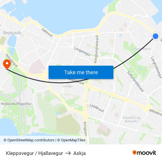 Kleppsvegur / Hjallavegur to Askja map