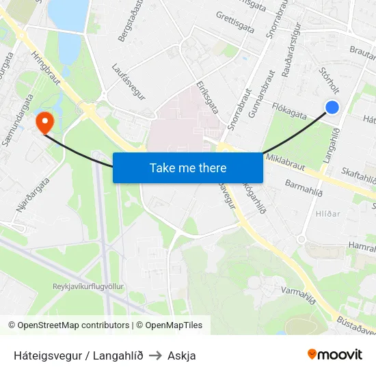 Háteigsvegur / Langahlíð to Askja map