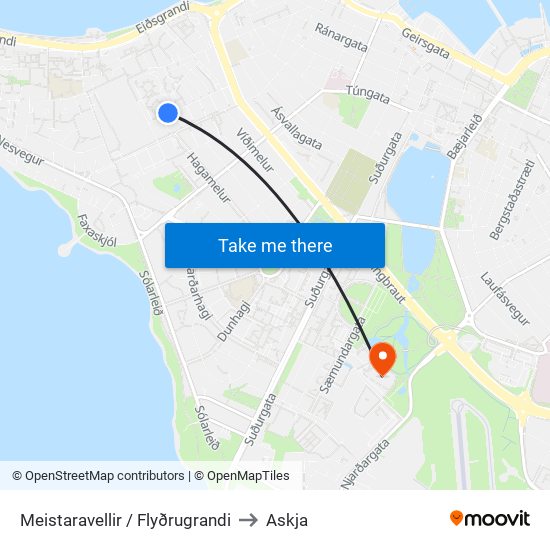 Meistaravellir / Flyðrugrandi to Askja map