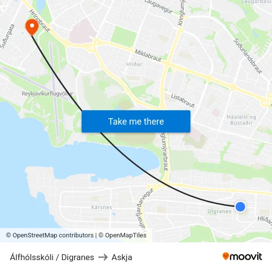 Álfhólsskóli / Digranes to Askja map