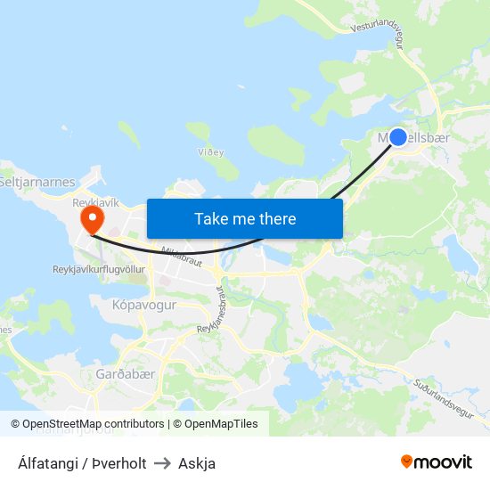 Álfatangi / Þverholt to Askja map