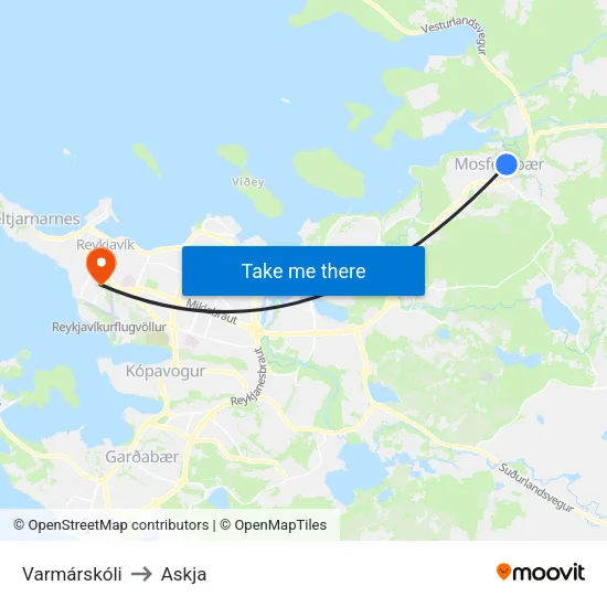 Varmárskóli to Askja map