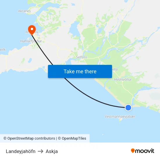 Landeyjahöfn to Askja map
