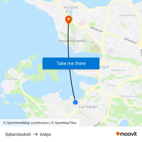 Sjálandsskóli to Askja map