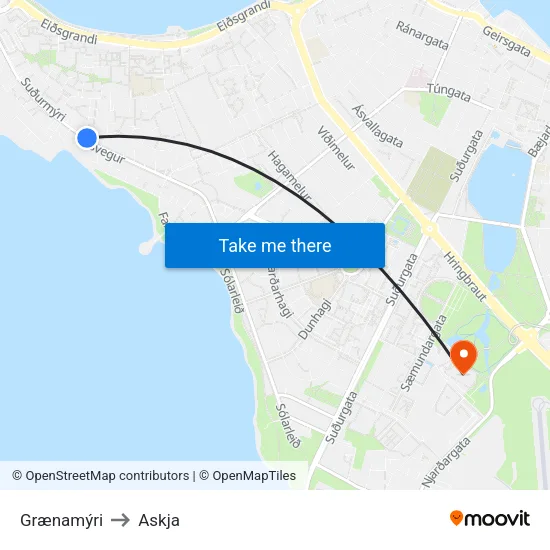 Grænamýri to Askja map