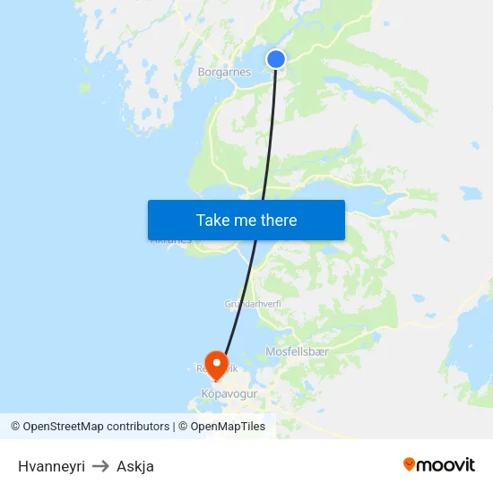 Hvanneyri to Askja map