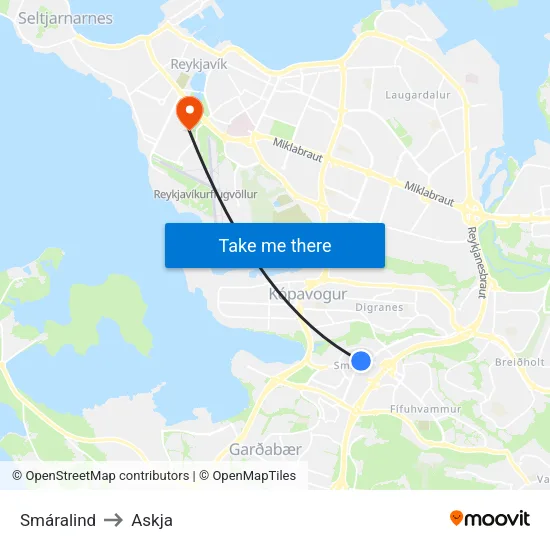 Smáralind to Askja map