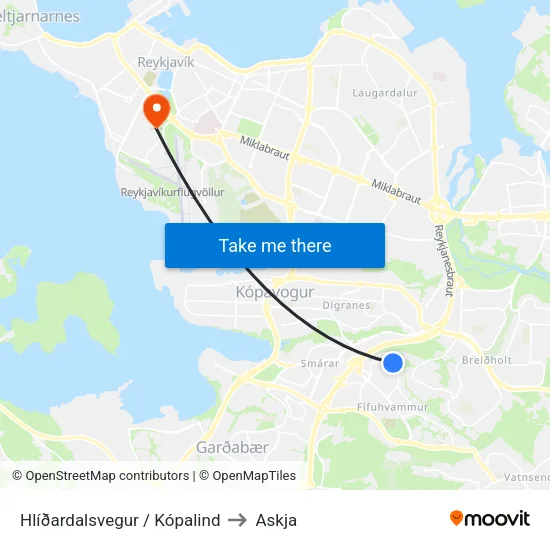 Hlíðardalsvegur / Kópalind to Askja map