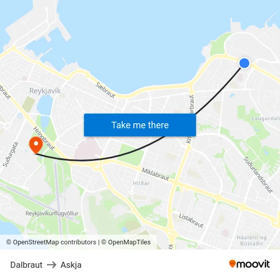 Dalbraut to Askja map