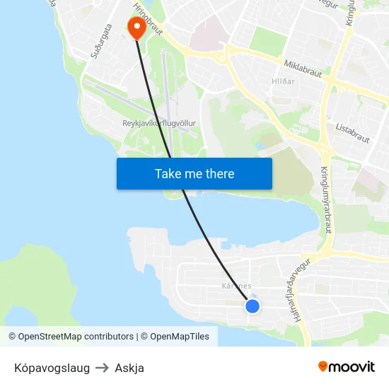 Kópavogslaug to Askja map
