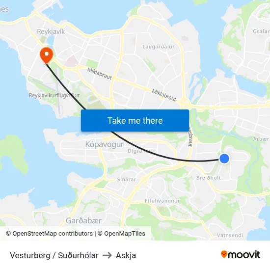 Vesturberg / Suðurhólar to Askja map