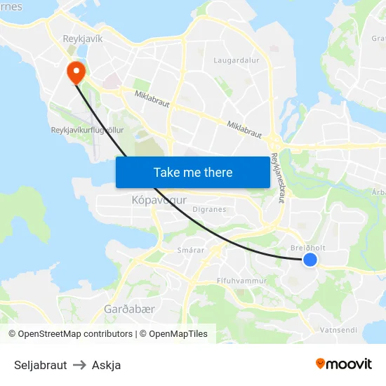 Seljabraut to Askja map