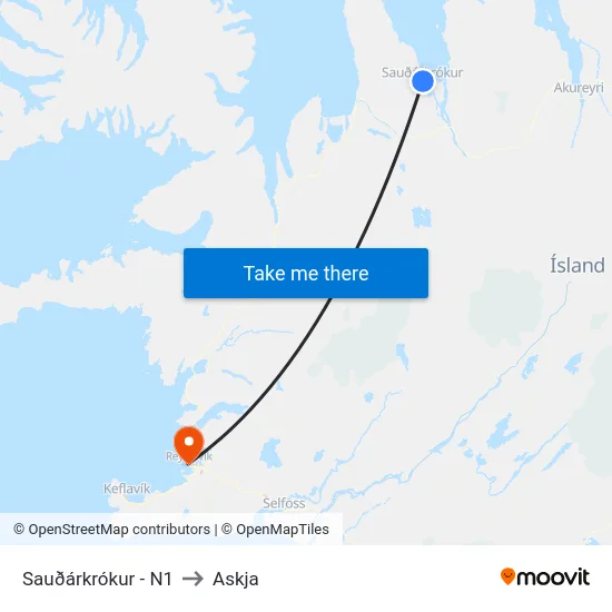 Sauðárkrókur - N1 to Askja map