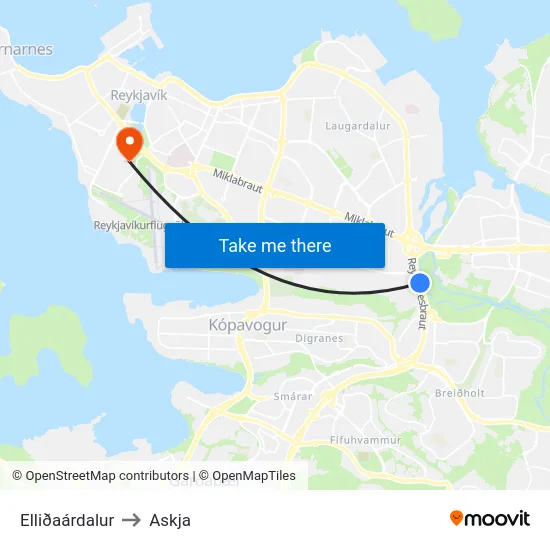 Elliðaárdalur to Askja map