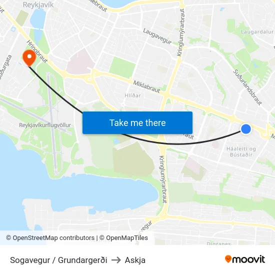 Sogavegur / Grundargerði to Askja map