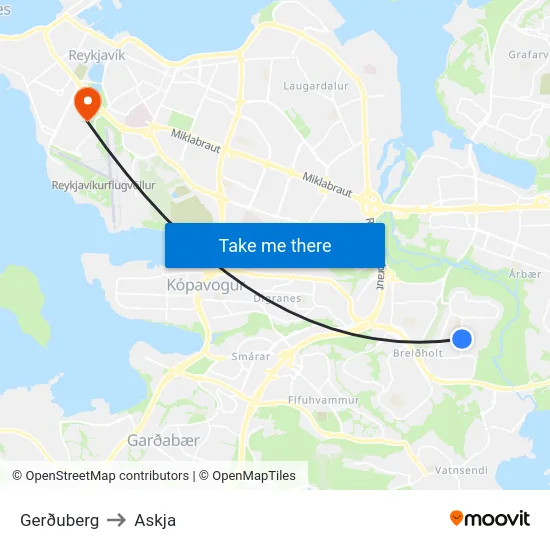 Gerðuberg to Askja map