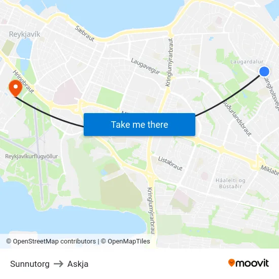 Sunnutorg to Askja map
