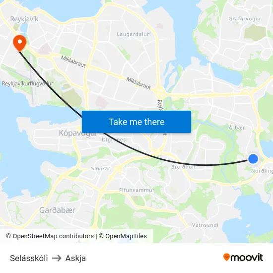 Selásskóli to Askja map