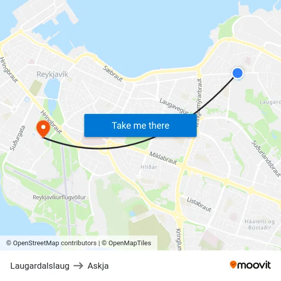 Laugardalslaug to Askja map