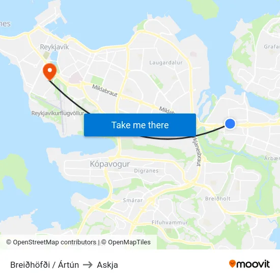 Breiðhöfði / Ártún to Askja map