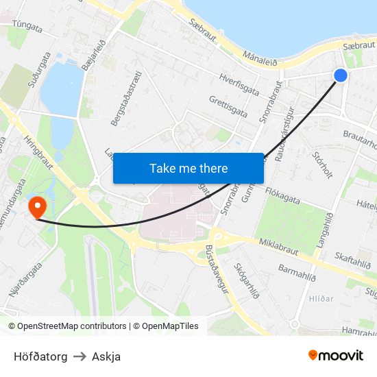 Höfðatorg to Askja map