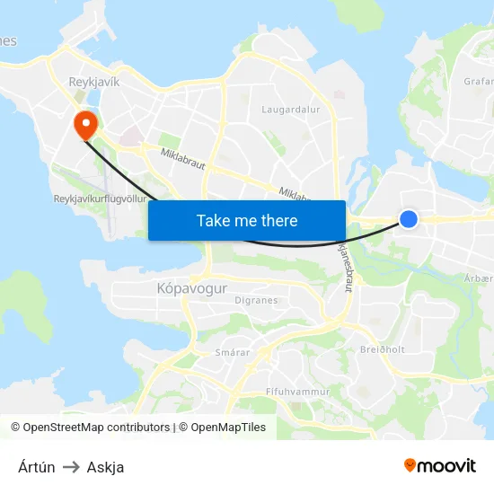 Ártún to Askja map