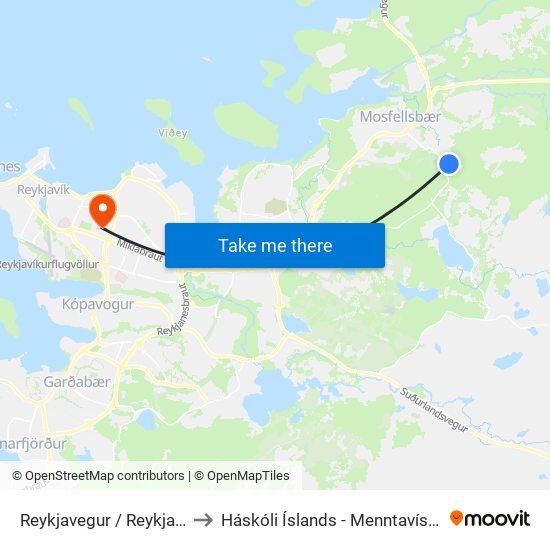Reykjavegur / Reykjabyggð to Háskóli Íslands - Menntavísindasvið map