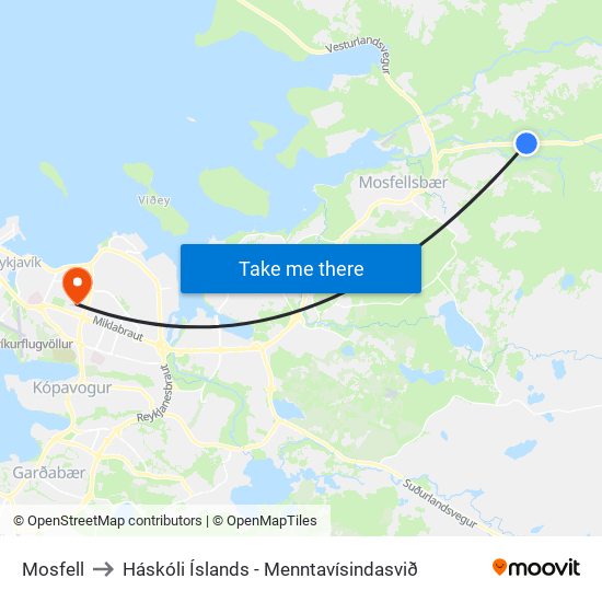 Mosfell to Háskóli Íslands - Menntavísindasvið map